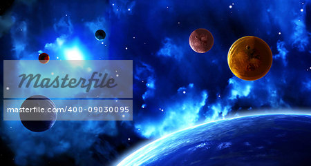 A beautiful space scene with sun, planets and nebula. Elements of this image furnished by NASA. 3d render