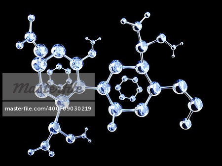 Abstract molecular structure with glass material. Isolated on black background. 3d render