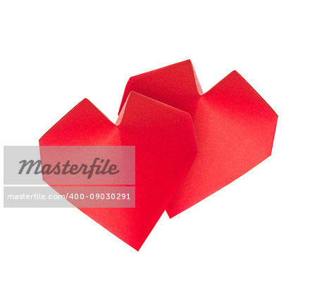 Red 3d hearts of origami, isolated on white background.