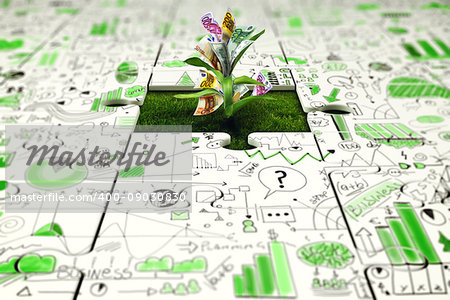 Plant grows from a puzzle with statistics drawn above. Growth and development through teamwork concept