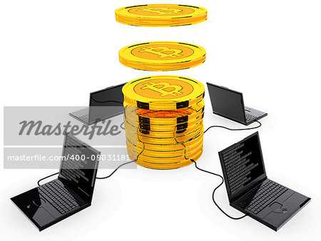 Computer generated photo of a Bitcoin cryptocurrency mining.3d illustration.