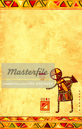 Dancing musician. Grunge background with African traditional patterns and paper texture of yellow color. Copy space for your text