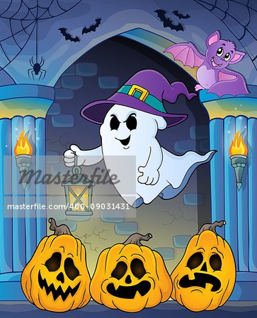 Ghost with hat and lantern theme 7 - eps10 vector illustration.