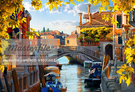 Motorboats and old houses in Venice, Italy