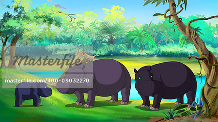 Family of hippos near the river. Mom, Dad and little calf. Digital painting  cartoon style full color illustration.