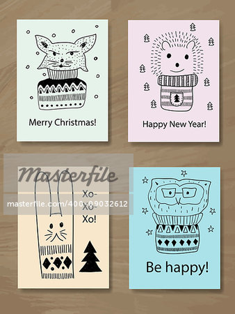 Vector Christmas Greeting Cards with Doodle Animals: fox, hedgehog, bunny and owl