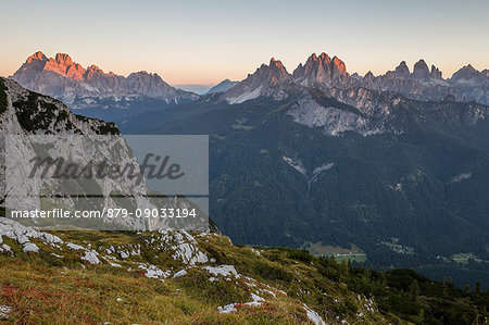 Mount Cristallo and group of Cadini di Misurina at dawn,Ansiei Valley,Auronzo di Cadore,Belluno district,Veneto,Italy,Europe