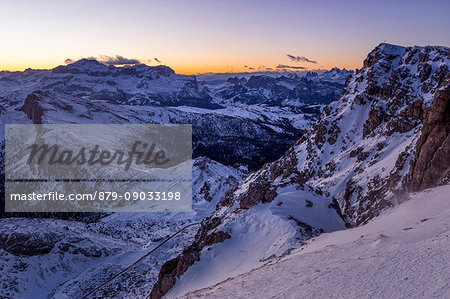 Blue hour in the Eastern Dolomites from Mount Lagazuoi,Cortina d'Ampezzo,Belluno district,Veneto,Italy,Europe