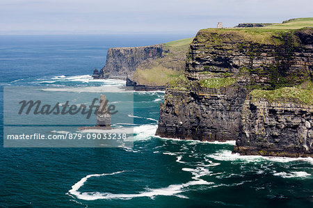 O'Brien's Tower and Breanan Mór rock. Cliffs of Moher, Liscannor, Munster, Co.Clare, Ireland, Europe.