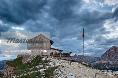 Europe, Italy, Veneto, Belluno, Cortina d Ampezzo. The hut Nuvolau on the summit of Nuvolau, Cortina d'Ampezzo, Dolomites