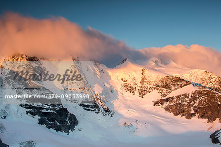 Dawn at Bellavista and at Pizzo Palù. Diavolezza Refuge, Engadine,Canton of Graubunden, Switzerland Europe