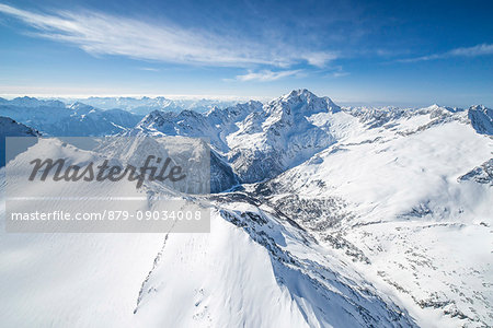 Aerial view of Mount Disgrazia, Peak Sella, Sassa di Fora and Muretto valley in close-up. Engadine, Canton of Grisons Switzerland Europe