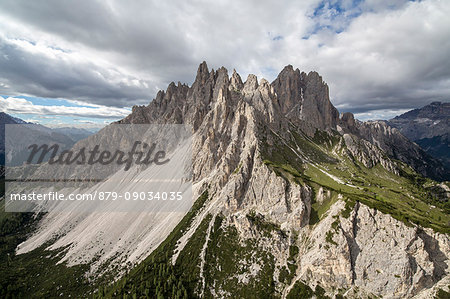 Dolomite peaks of Cadini seen from the helicopter. Cortina d'Ampezzo. Dolomites. Veneto. Italy. Europe