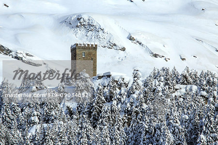The Belvedere Tower at Maloja Pass after a heavy winter snowfall. Engadine. Switzerland. Europe