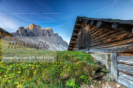The group of Odle views from Malga Gampen at dawn. Funes Valley. Dolomites South Tyrol Italy Europe