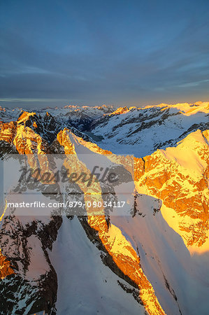 Aerial view of peaks Ferro at sunset Masino Valley Valtellina Lombardy Italy Europe