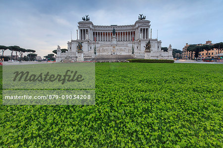 Dusk lights on the green gardens surrounding The Altare della Patria also known as Vittoriano Rome Lazio Italy Europe