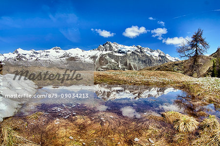 The snow gives a water puddle space near Val di Fex, where the Piz Lagrev, still covered in snow, is reflected, Engadine, Switzerland Europe