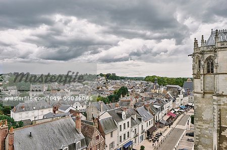 High angle view of church and rooftop cityscape, Amboise, Loire Valley, France