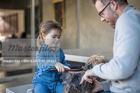 Girl and father grooming pet dog in living room