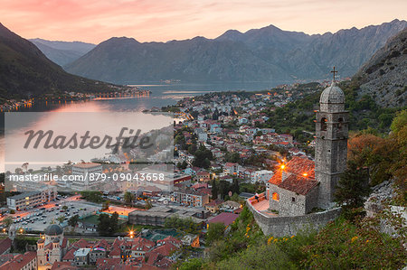 Landscape of Kotor and the bay from the fortress at sunset. Montenegro