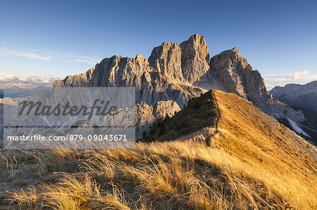 Europe, Italy, Veneto, Cadore. Autumnal sunset towards Mount Pelmo from the top of the Col de la Puina, Dolomites