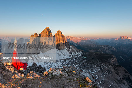 Tre Cime di Lavaredo, Dolomites, South Tyrol, Italy. Sunrise at the Tre Cime di Lavaredo / Drei Zinnen