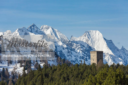 Belvedere tower framed by Piz Badile covered with snow Maloja Bondasca Valley Canton of Graubünden Engadine Switzerland Europe