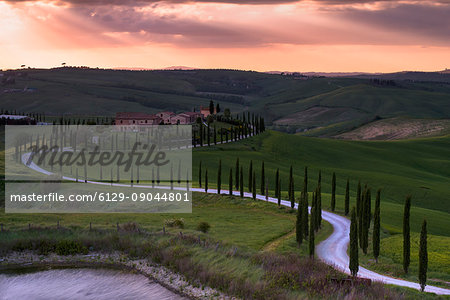 Baccoleno Farmhouse at Sunset, Asciano, Crete Senesi, Siena Province, Italy, Europe.