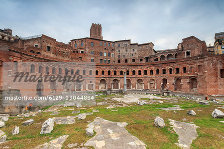 The dusk lights on the Trajan Forum and ruins of the ancient Roman Empire Rome Lazio Italy Europe