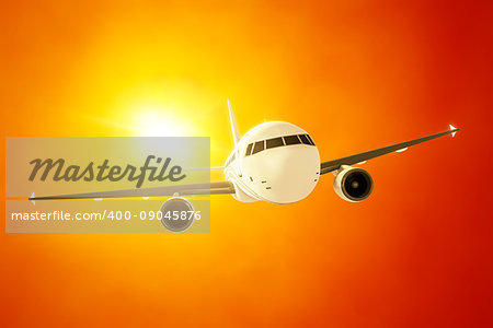 3d rendering of a passenger airplane in the evening sun