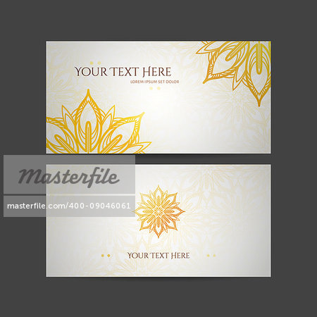 Set of vector design templates. Business card with floral circle ornament. Mandala style. Luxury gold.