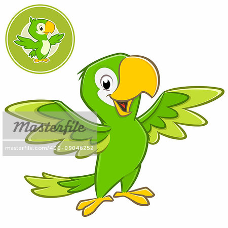 Vector illustration of a cartoon green parrot with separate badge