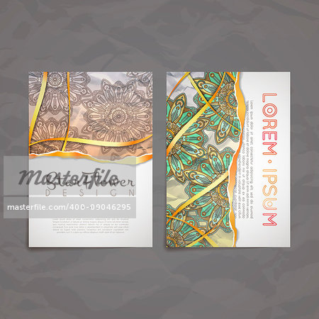 Set of vector design templates. Business card with floral circle ornament. Mandala style. Luxury gold. Torn paper