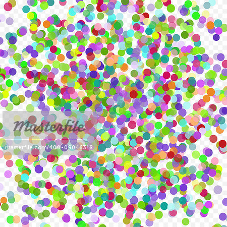 Multicolored paper confetti on transparent background. Realistic holiday decorations flying. Background for holiday cards, greetings. Colorful flying falling the elements of decoration of the celebration.