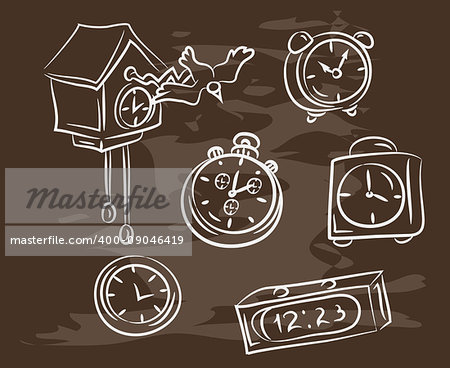 Collection of hand-drawn clock on blackboard. Retro vintage style. Vector illustration EPS10