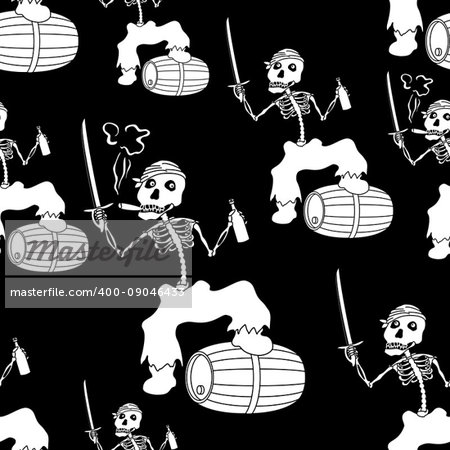 Seamless Wallpaper, Cartoon Evil Zombie Pirate Jolly Roger Skeleton with a Sword, Bottle of Wine and Barrel, White Silhouettes Isolated on Black Background. Vector