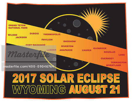 2017 Solar Eclipse Totality across Wyoming State cities map color illustration