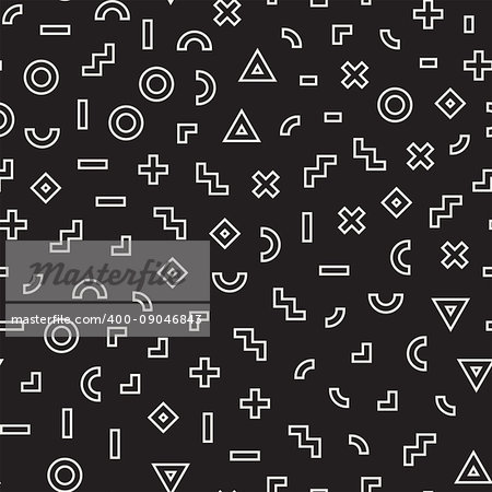 Scattered Geometric Simple Shapes. Inspired by Memphis Style. Abstract Background Design. Vector Seamless Black and White Irregular Pattern.