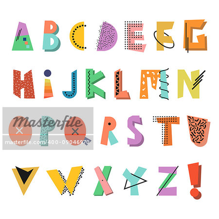 Memphis alphabet. Colorful funny font. Fashion 80s-90s