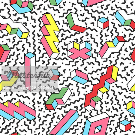 Memphis seamless vector pattern with mosaic 3d shapes. Fashion style 80-90s.
