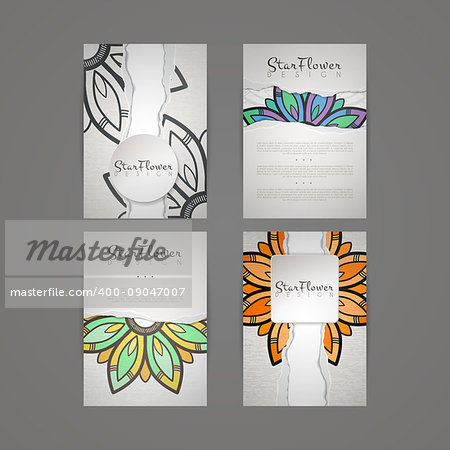 Set of vector design templates. Business card with floral circle ornament. Mandala style. Torn paper