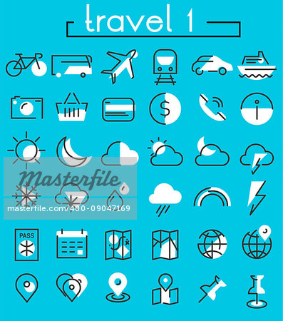 Vector set of trendy inline bold icons of travel and tourism metaphors, white on blue, set 1