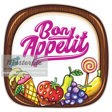 Vector food frame. Kitchen wooden chopping board. Bon appetit lettering. Juicy fresh fruits and berries, ice cream cone. Cook template: for cafe banners, food markets, courts, specials signs or cards