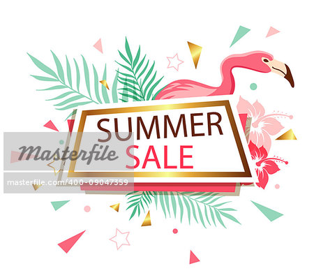 Abstract vector banner for seasonal summer sale with tropical flowers and pink flamingo on a white background