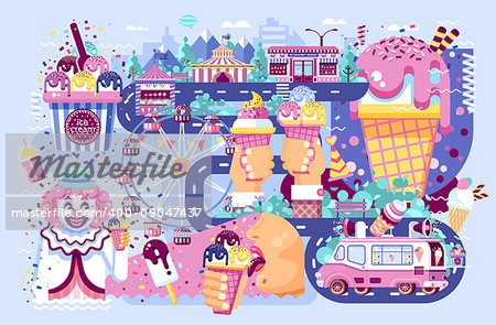 Stock vector illustration business selling different kinds ice cream sale of food with machine, meal on wheels clown amusement park sweets vanilla chocolate fruit filling cafe near road in flat style