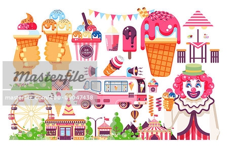 Stock vector isolated illustration business selling ice cream sale of food with machine, meal on wheels clown amusement park sweet vanilla chocolate fruit filling cafe road flat style white background