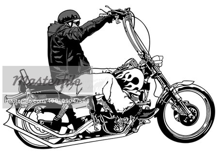 Rider On Chopper - Black and White Hand Drawn Illustration, Vector