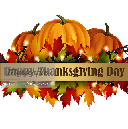 Happy Thanksgiving day background, The vector illustration of pumpkins isolated on white, maple leafs. It is autumn. It is Thanksgiving day.