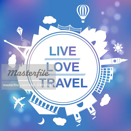 Famouse places. Live, love, travel concept vector illustration. Travelling by plane, airplane trip in various country